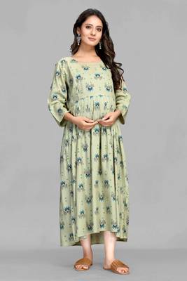 Sea-green printed viscose rayon long-dresses 2