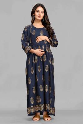Navy-blue printed viscose rayon long-dresses 1