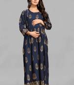 Navy-blue printed viscose rayon long-dresses