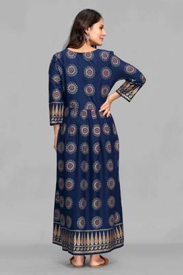 Navy-blue printed viscose rayon long-dresses 3