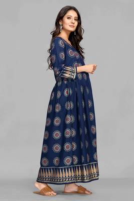 Navy-blue printed viscose rayon long-dresses 4