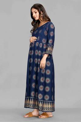 Navy-blue printed viscose rayon long-dresses 5