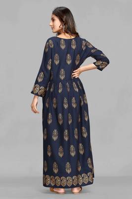 Navy-blue printed viscose rayon long-dresses 2
