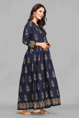 Navy-blue printed viscose rayon long-dresses 3