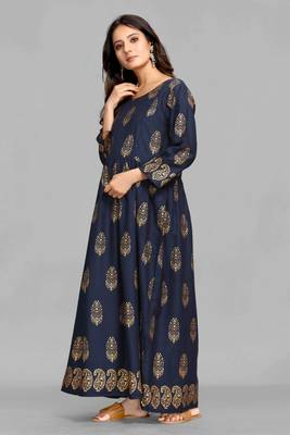Navy-blue printed viscose rayon long-dresses 4