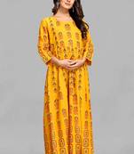 Yellow printed viscose rayon long-dresses