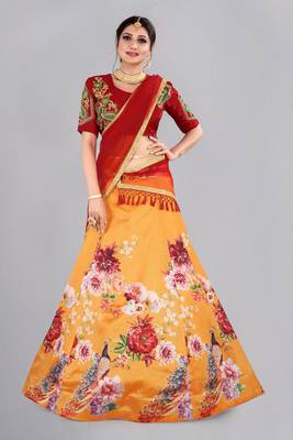 Orange Printed Embroidery Lehenga Choli 1