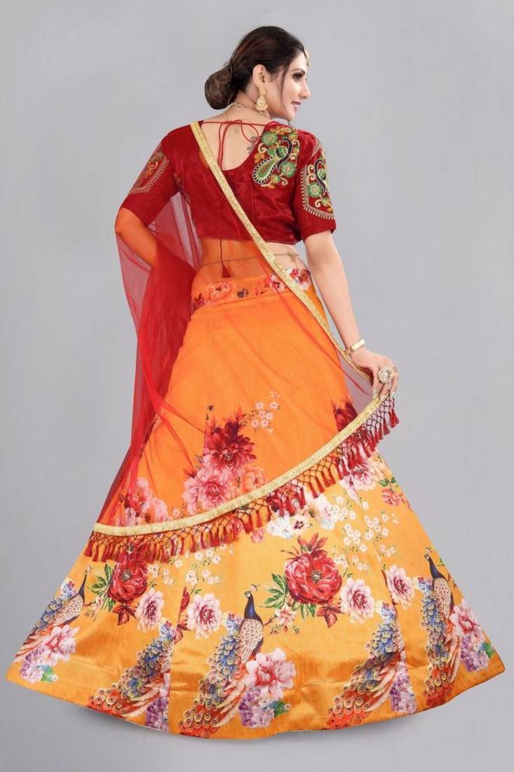 Orange Printed Embroidery Lehenga Choli