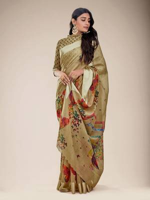 Beige printed cotton saree with blouse 1