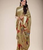 Beige printed cotton saree with blouse