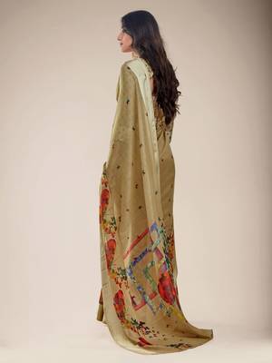 Beige printed cotton saree with blouse 2