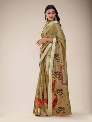 Beige printed cotton saree with blouse 3
