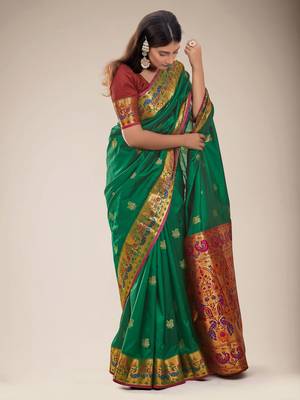 Green woven silk saree with blouse 2