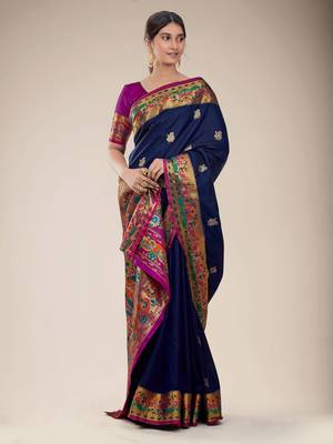 Navy blue woven silk saree with blouse 1