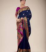 Navy blue woven silk saree with blouse