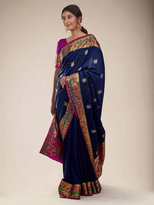 Navy blue woven silk saree with blouse 2