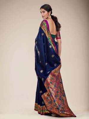 Navy blue woven silk saree with blouse 3