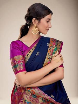 Navy blue woven silk saree with blouse 4
