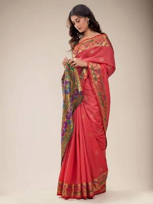 Peach woven silk saree with blouse 1
