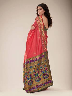 Peach woven silk saree with blouse 3