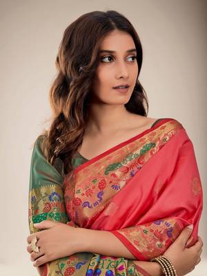 Peach woven silk saree with blouse 4
