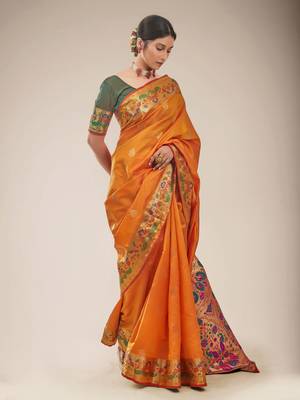 Yellow woven silk saree with blouse 3