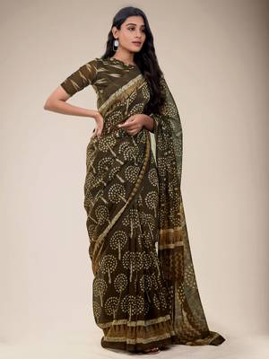 Brown printed cotton saree with blouse 1