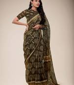 Brown printed cotton saree with blouse