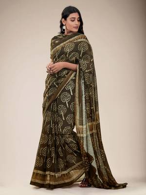 Brown printed cotton saree with blouse 2