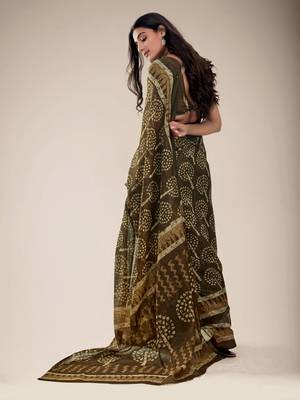 Brown printed cotton saree with blouse 3