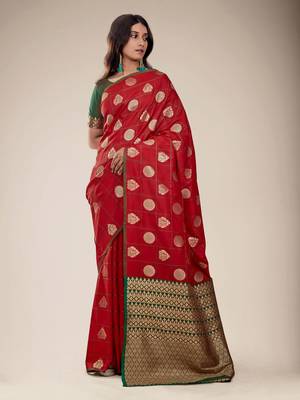 Red woven silk saree with blouse 1