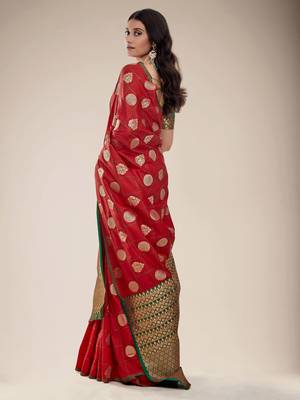 Red woven silk saree with blouse 3
