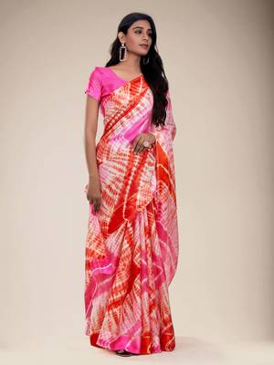 Pink printed silk blend saree with blouse 1
