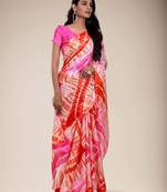 Pink printed silk blend saree with blouse