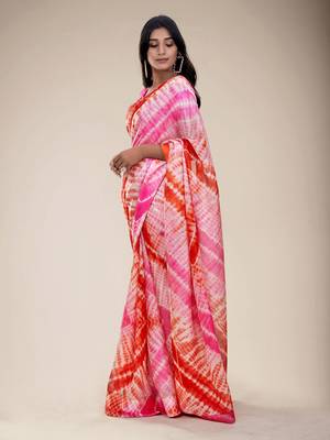 Pink printed silk blend saree with blouse 2