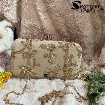 Shoptory India Embroidered Casual Ethnic Sling Bag For Women's Clutch Handpurse Gold 2