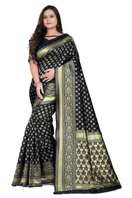 Black printed art silk saree with blouse 1
