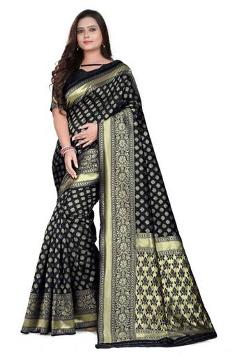 Black printed art silk saree with blouse
