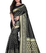 Black printed art silk saree with blouse