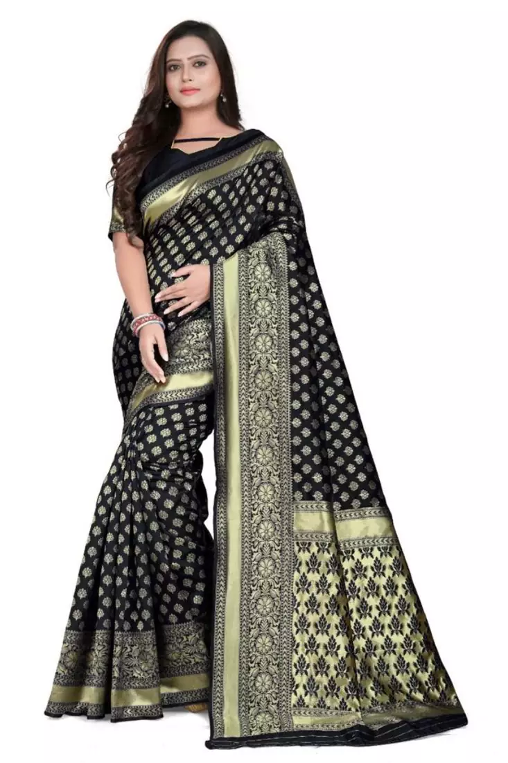 Black printed art silk saree with blouse