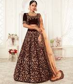 Stunning Dark Maroon Velvet Zari Embroidered Bridal Heavy Lehenga Choli with Dupatta