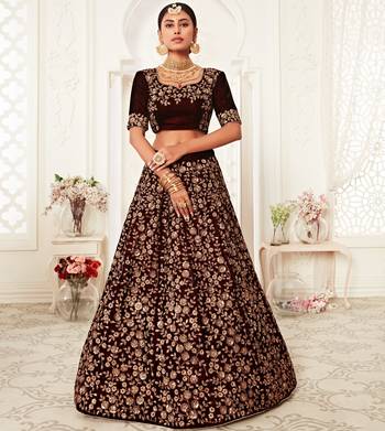 Stunning Dark Maroon Velvet Zari Embroidered Bridal Heavy Lehenga Choli with Dupatta 2