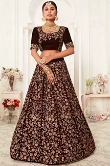 Stunning Dark Maroon Velvet Zari Embroidered Bridal Heavy Lehenga Choli with Dupatta