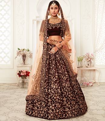 Stunning Dark Maroon Velvet Zari Embroidered Bridal Heavy Lehenga Choli with Dupatta 3