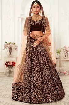 Stunning Dark Maroon Velvet Zari Embroidered Bridal Heavy Lehenga Choli with Dupatta