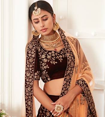 Stunning Dark Maroon Velvet Zari Embroidered Bridal Heavy Lehenga Choli with Dupatta 4