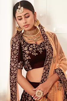 Stunning Dark Maroon Velvet Zari Embroidered Bridal Heavy Lehenga Choli with Dupatta