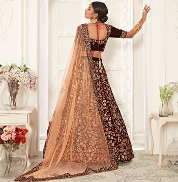 Stunning Dark Maroon Velvet Zari Embroidered Bridal Heavy Lehenga Choli with Dupatta 5