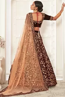 Stunning Dark Maroon Velvet Zari Embroidered Bridal Heavy Lehenga Choli with Dupatta
