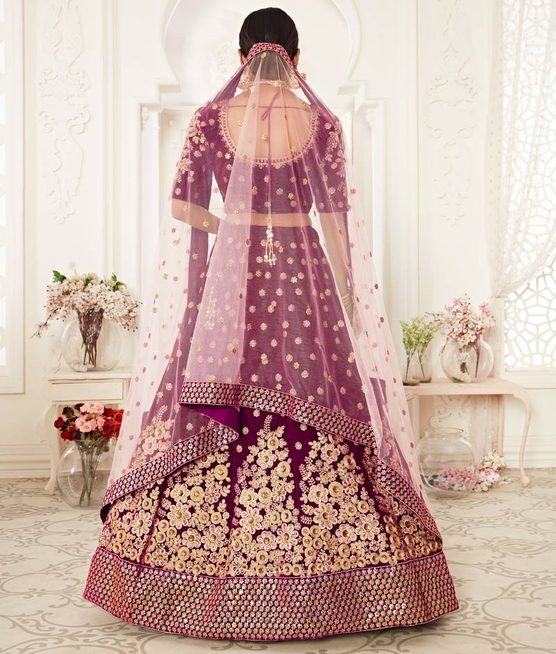 Amazing Purple Velvet Zari Embroidered Heavy Bridal Lehenga Choli with Dupatta